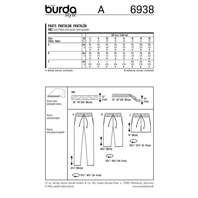 BURDA - 6938 Pantalons - femme