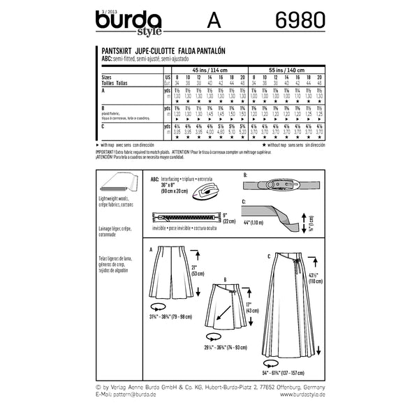 BURDA - 6980 Jupe-culotte - femme