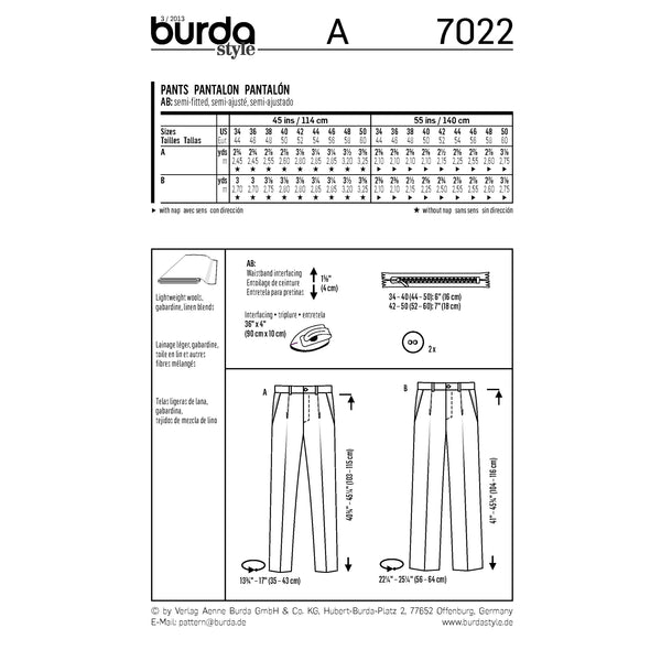 BURDA - 7022 Pantalons homme