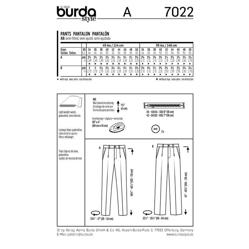 BURDA - 7022 Mens Pants