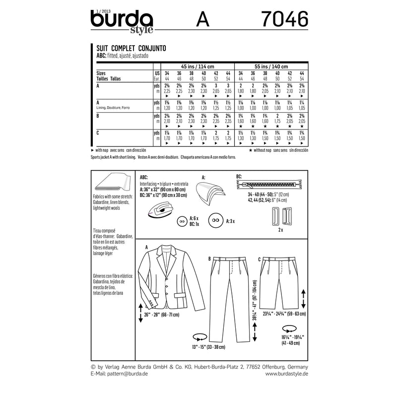 BURDA - 7046 Mens Suit