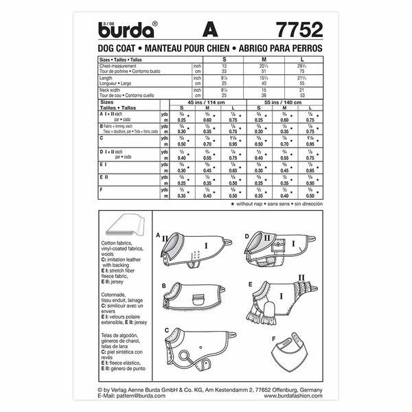 BURDA - 7752 Accessoires - Manteau de chien