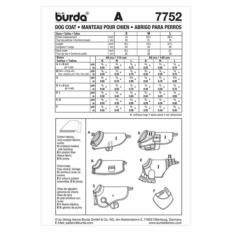 BURDA - 7752 Accessoires - Manteau de chien