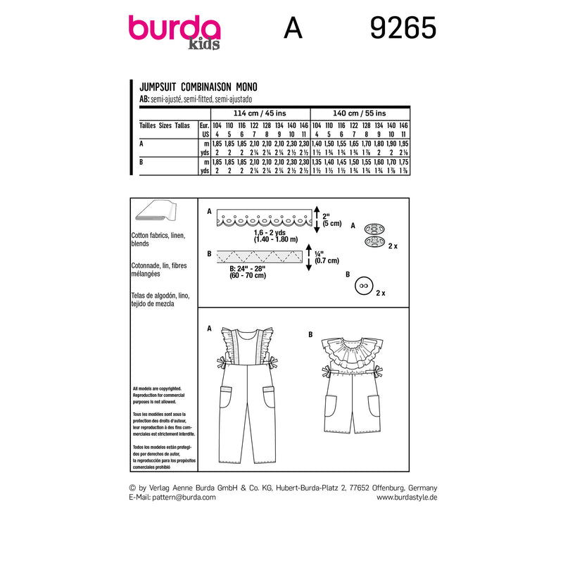 BURDA - 9265 Kids’ Overalls