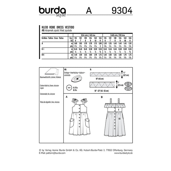 BURDA - 9304 Robe à bretelles boutonnée à l'avant et jupe froncée