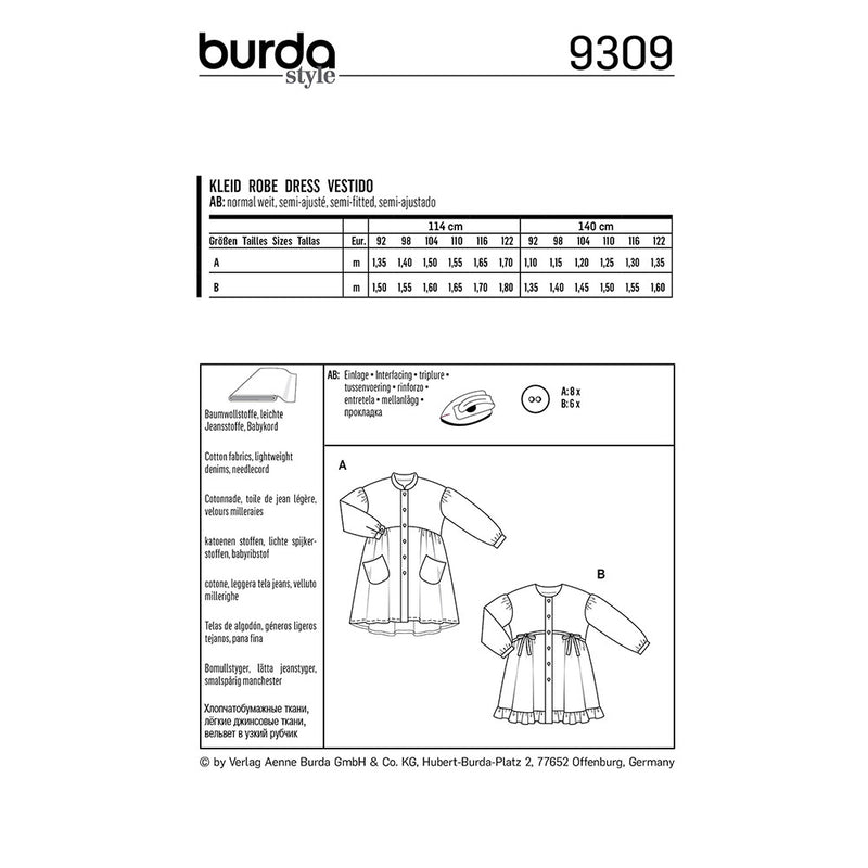 BURDA - 9309 Robe avec une patte de boutonnage - jupe froncée