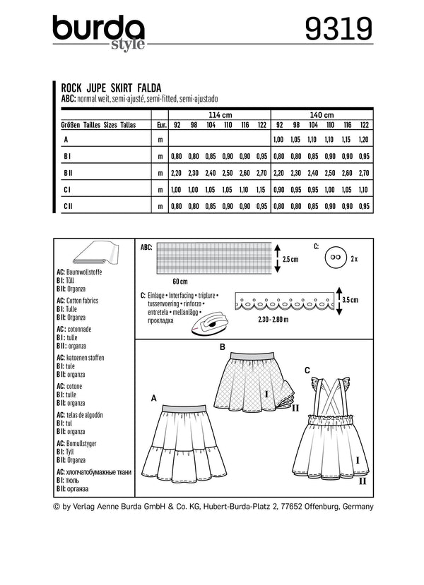 BURDA - 9319 Jupe à ceinture élastique – jupe à bretelles