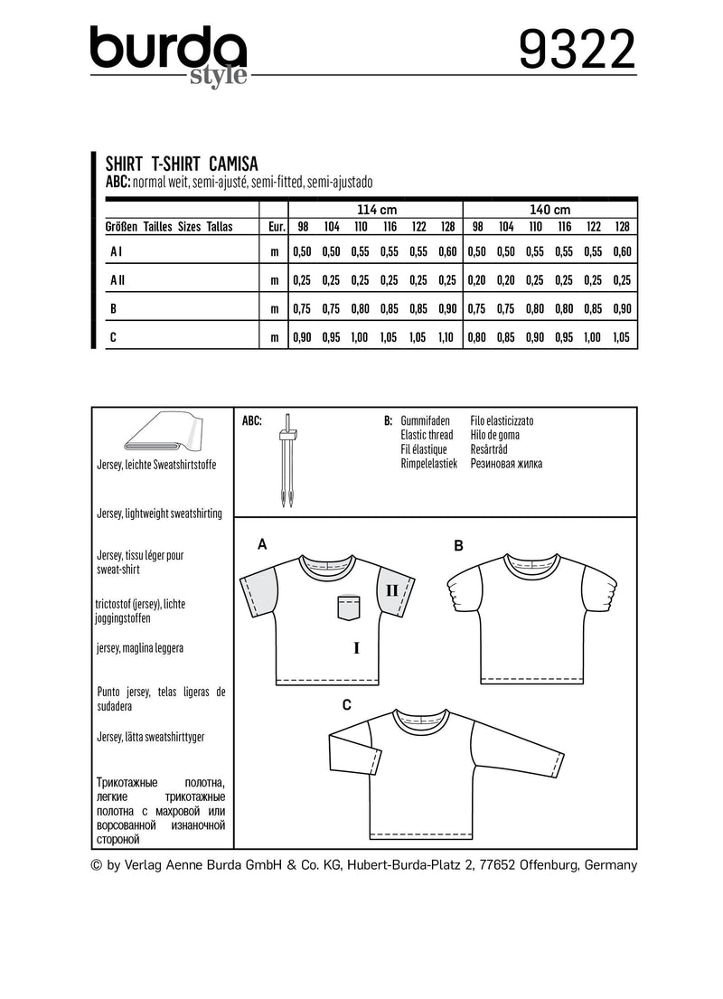 BURDA - 9322 T-shirt – variantes de manche
