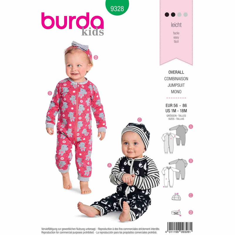 BURDA 9328 - Baby Rompers- Hat - Headband
