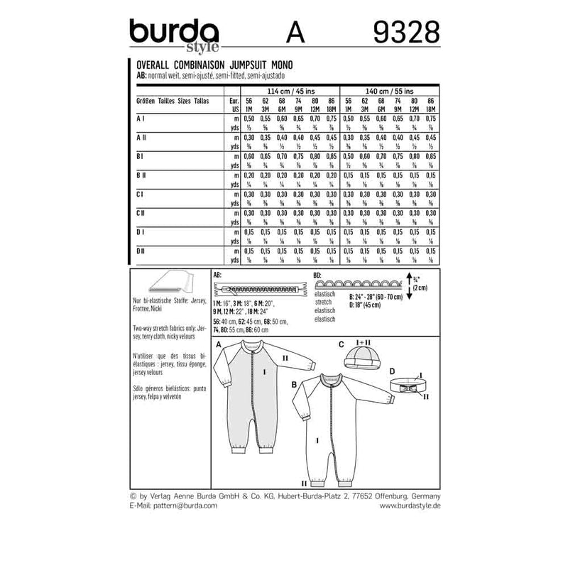 BURDA 9328 - Grenouillère - bonnet - bandeau de front