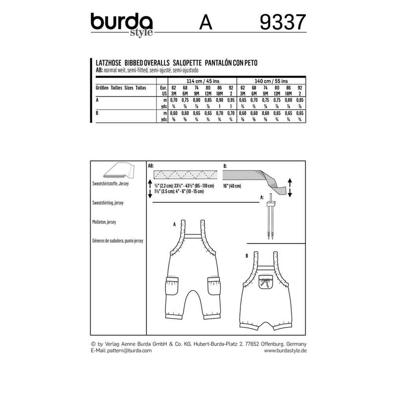 BURDA - 9337 Salopette à coulisse élastiquée - bretelles élastiques - bracelets de jambe