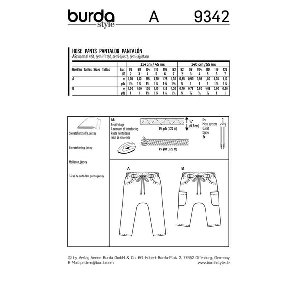 BURDA - 9342 Pantalon à coulisse élastiquée sans couture milieu - entrejambe bas - poches sur empiècements de hanche