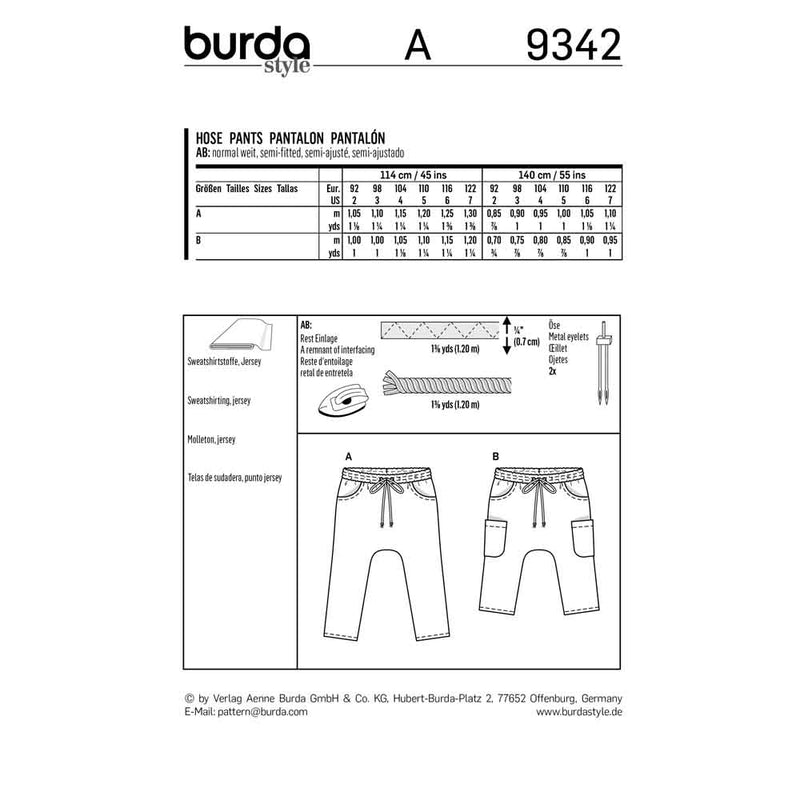 BURDA - 9342 Elastic Waist Trousers/Pants without a Center Seam - Low Crotch - Hip Yoke Pockets