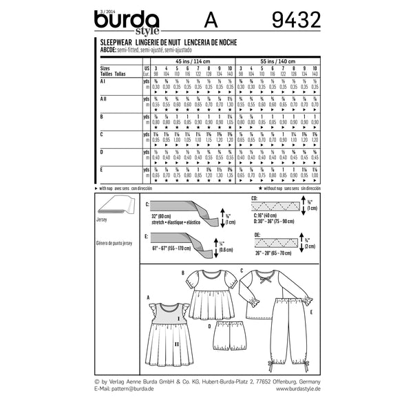 BURDA - 9432 Child Pajamas Girl