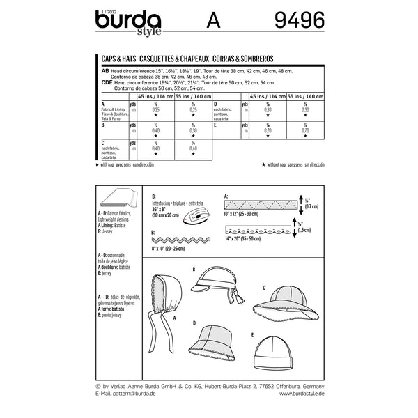 BURDA - 9496 Casquettes & chapeaux - enfant