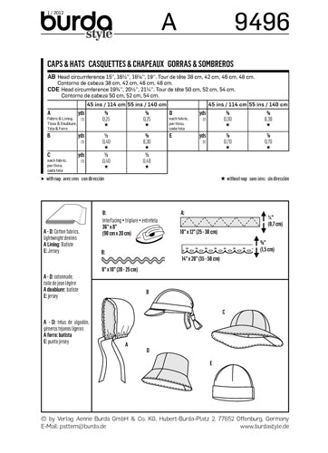 BURDA - 9496 Child Caps/Hats