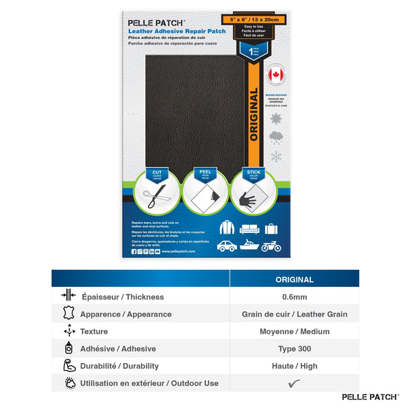 PELLE PATCH Leather Adhesive Repair Patch - Black - 5 x 8 inch (13 x 20 cm)