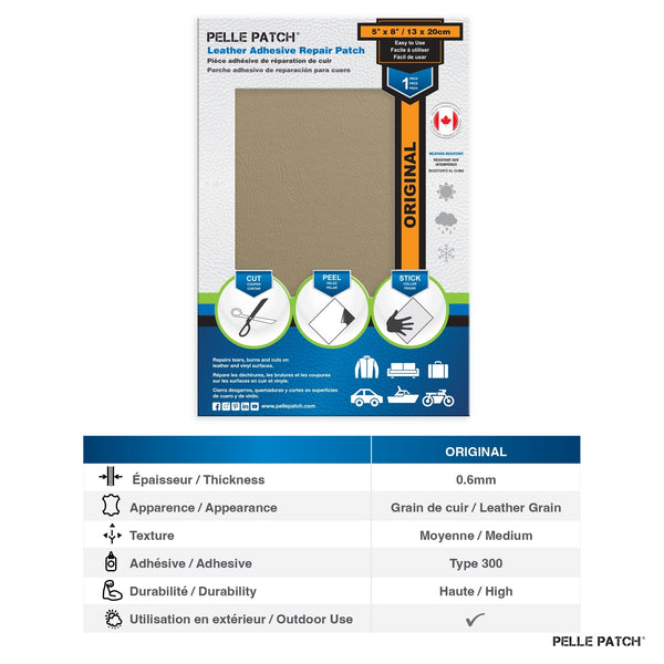PELLE PATCH Leather Adhesive Repair Patch - Beige - 5 x 8 inch (13 x 20 cm)