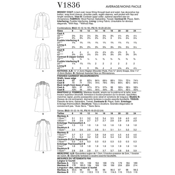 V1836 Misses' Coat