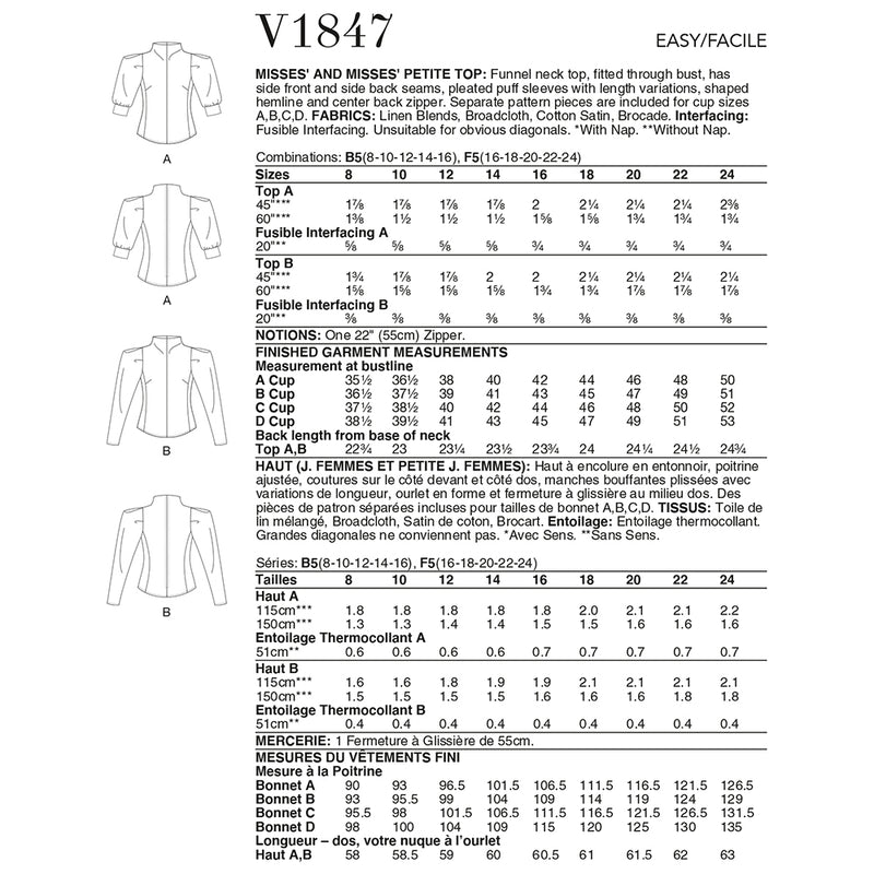 V1847 Misses' and Misses' Petite Top (16-18-20-22-24)