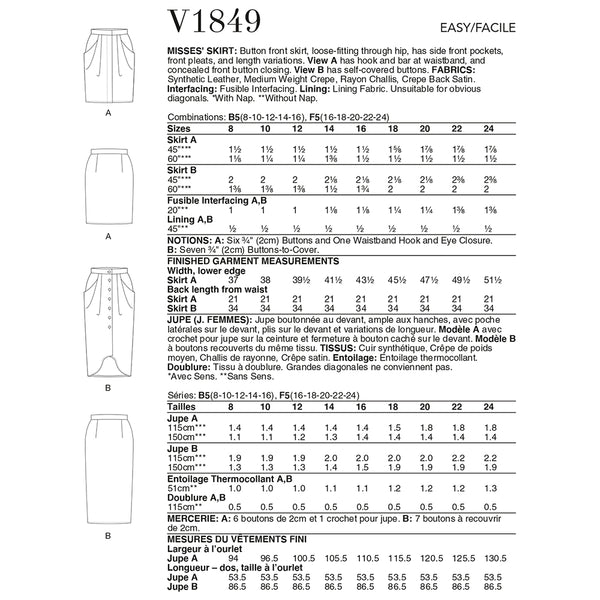 V1849 Misses' Skirt