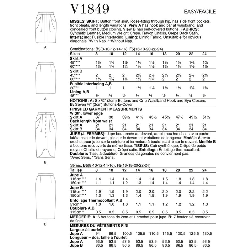 V1849 Misses' Skirt