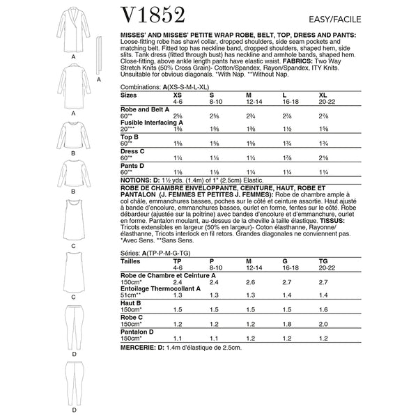 V1852 Misses' and Misses' Petite Wrap Robe, Belt, Top, Dress and Pants (XS-S- M-L-XL)