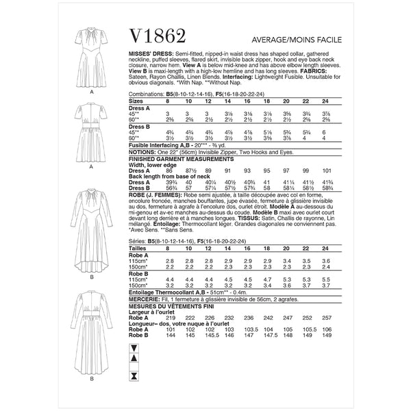 V1862 Misses' Dress (16-18-20-22-24)