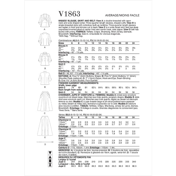 V1863 Misses' Blouse, Skirt and Belt