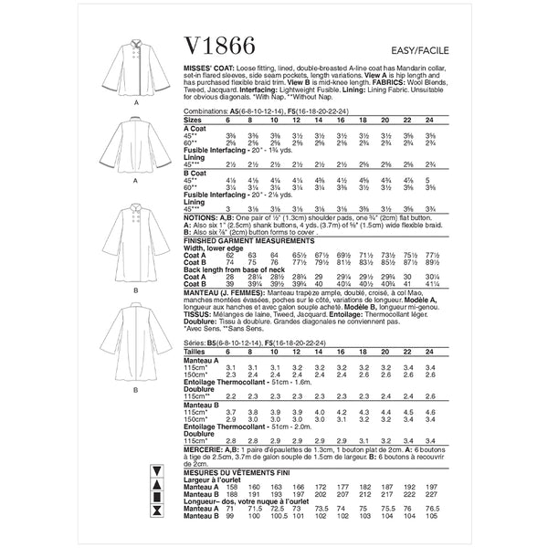 V1866 Misses' Coat