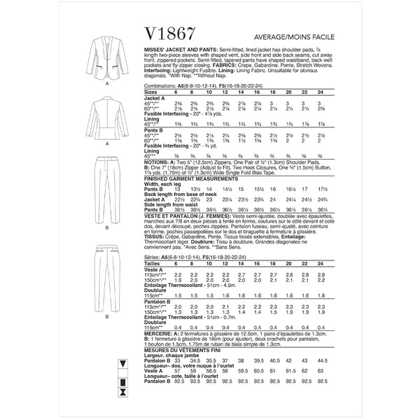 V1867 Misses' Jacket and Pants