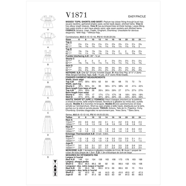 V1871 Misses' Tops, Shorts and Skirt