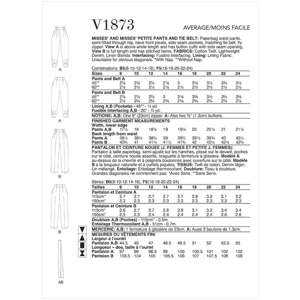 V1873 Misses' and  Misses' Petite Pants and Tie Belt (16-18-20-22-24)