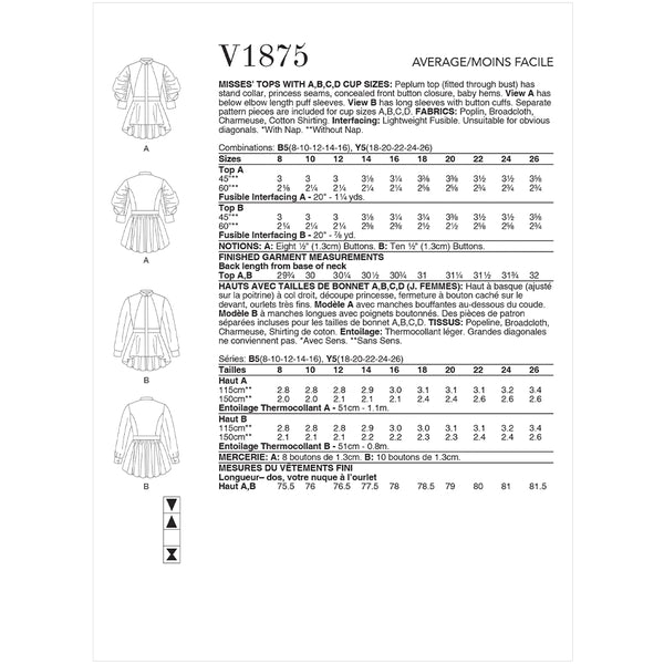 V1875 Misses' Tops (18-20-22-24-26)