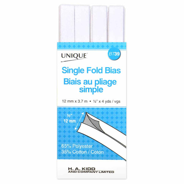 UNIQUE - Single Fold Bias Tape - 13mm x 3.7m - White
