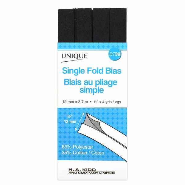 UNIQUE - Single Fold Bias Tape - 13mm x 3.7m - Black