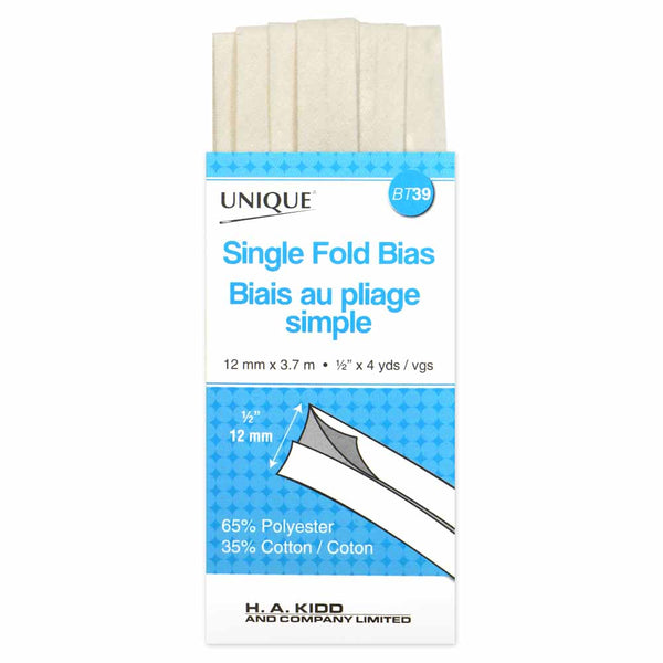 UNIQUE - Single Fold Bias Tape - 13mm x 3.7m - Ivory