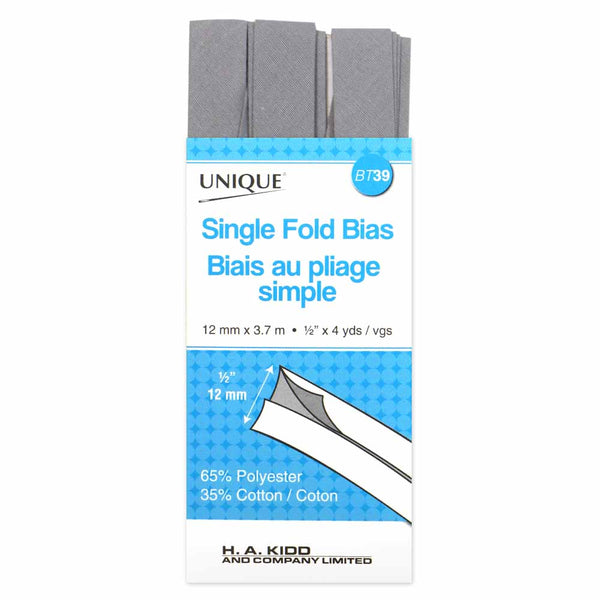 UNIQUE - Single Fold Bias Tape - 13mm x 3.7m - Silver