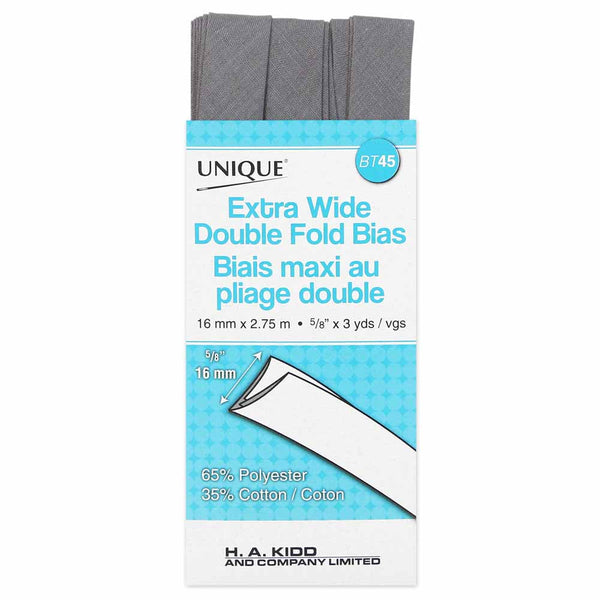 UNIQUE - Extra Wide Double Fold Bias Tape - 15mm x 2.75m - Silver 125