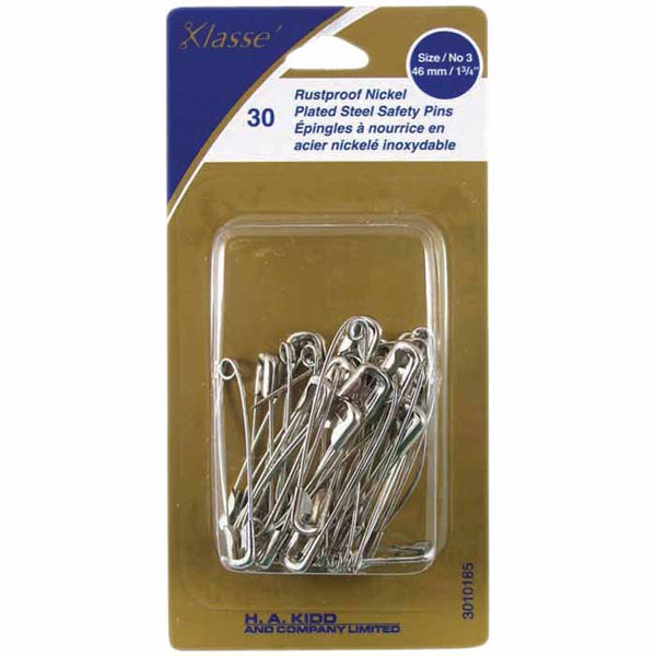 KLASSE´ Nickel Plated Steel Safety Pins 30pcs - 46mm (1¾") Size 3
