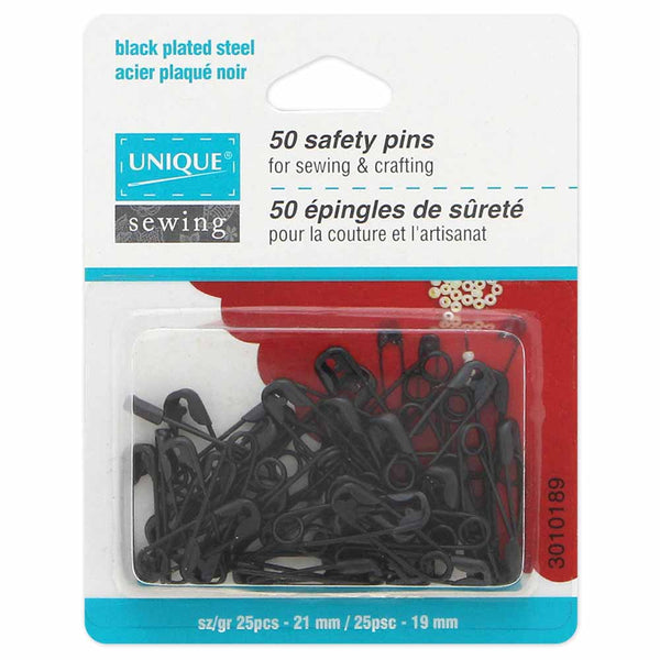 UNIQUE SEWING Black Plated Steel Safety Pins - Assorted Sizes - 50pcs