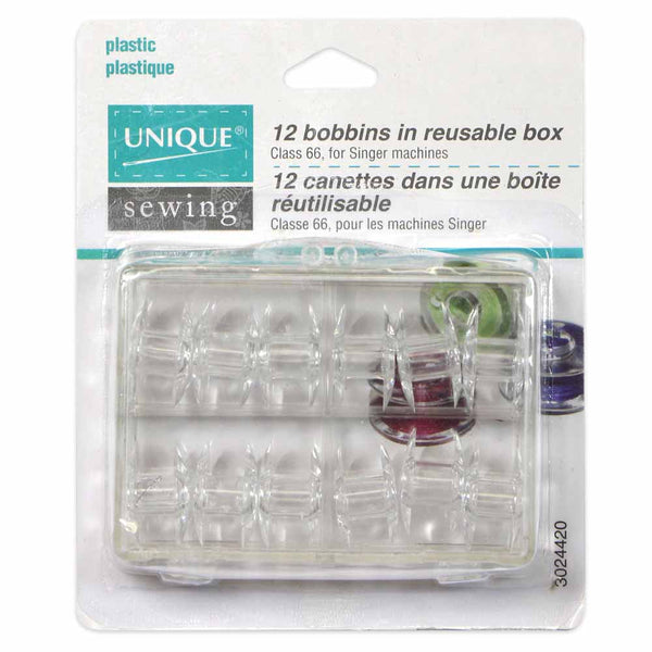 UNIQUE SEWING Plastic Bobbins in Reusable Box - 12pcs