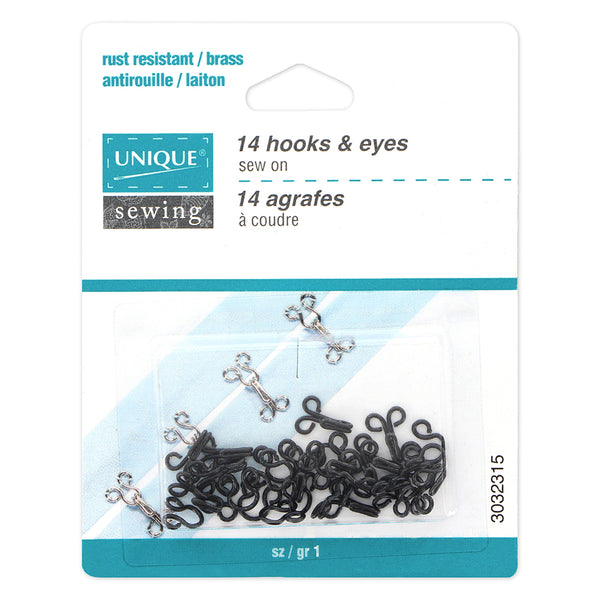 UNIQUE SEWING Hooks & Eyes Black - size 1 - 14 sets