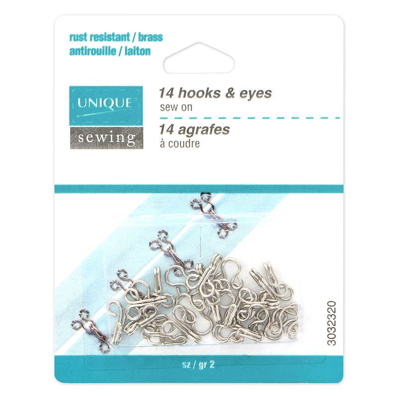 UNIQUE SEWING Hooks & Eyes Silver - size 2 - 14 sets
