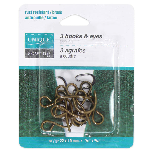 UNIQUE SEWING Hooks & Eyes Brass - 22 x 19mm (⅞" x ¾") - 3 sets
