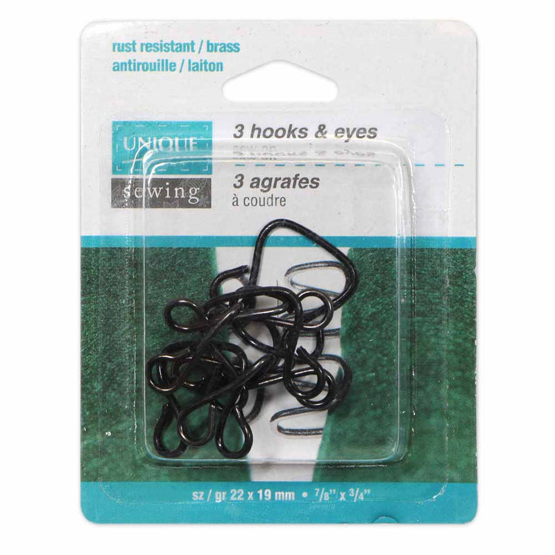 UNIQUE SEWING Hooks & Eyes Black - 22 x 19mm (⅞" x ¾") - 3 sets