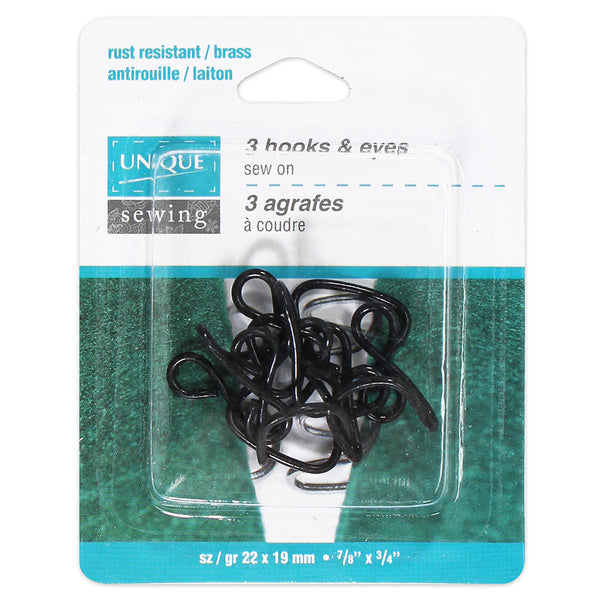 UNIQUE SEWING Hooks & Eyes Charcoal - 22 x 19mm (7/8" x 3/4") - 3 sets