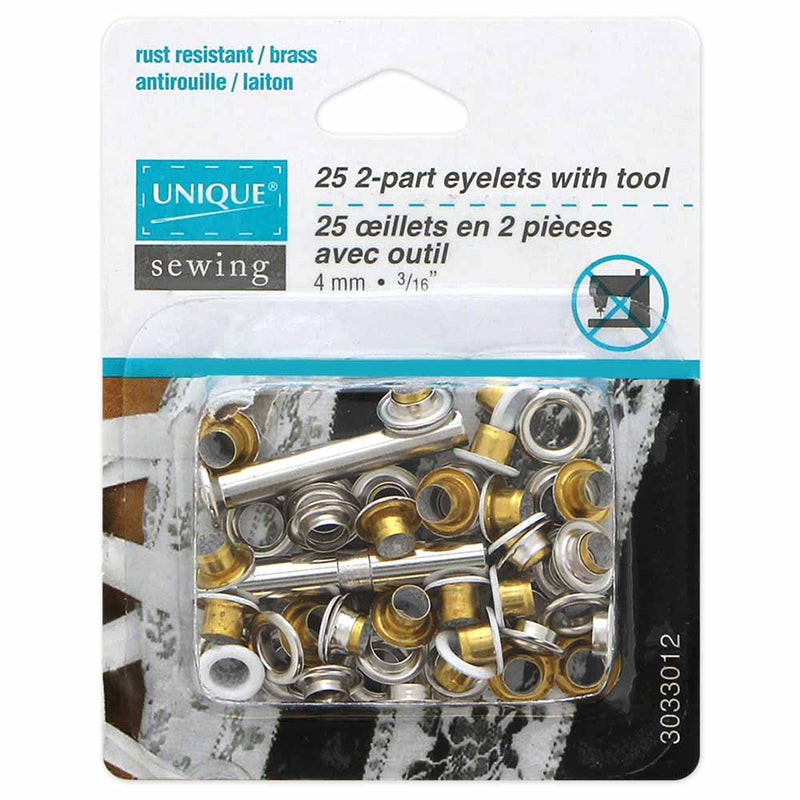 UNIQUE SEWING 2-Part Eyelets with Tool White 4mm (⅛") - 25 pcs