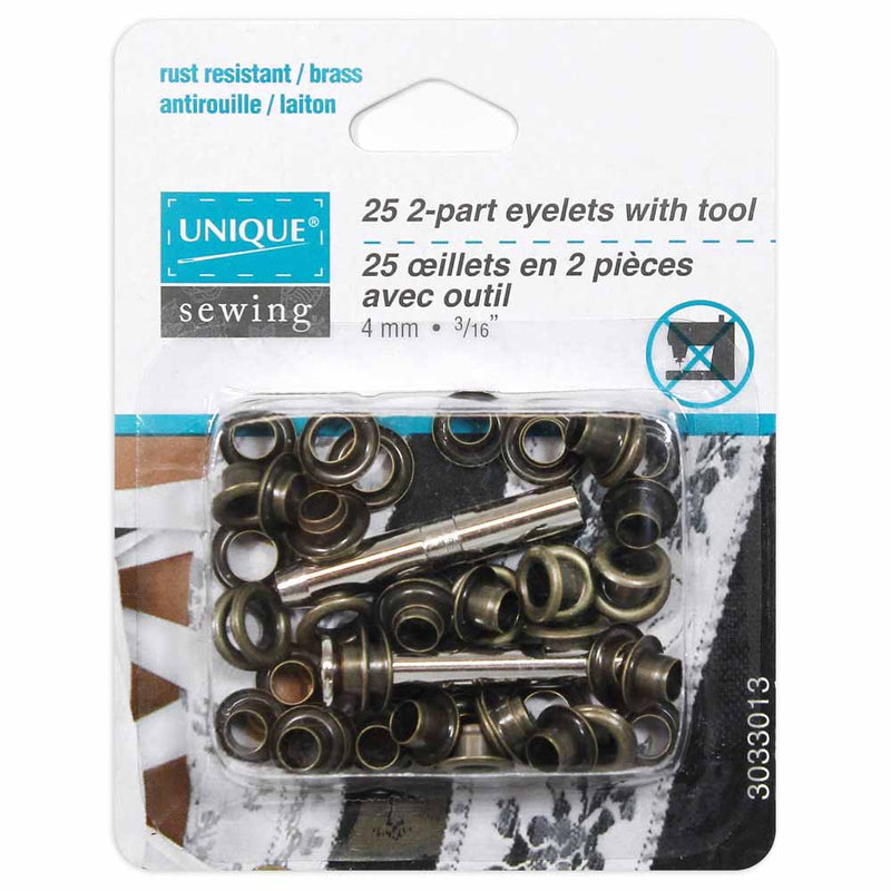 UNIQUE SEWING 2-Part Eyelets with Tool - 4mm (3/16") - Antique Gold - 25pcs