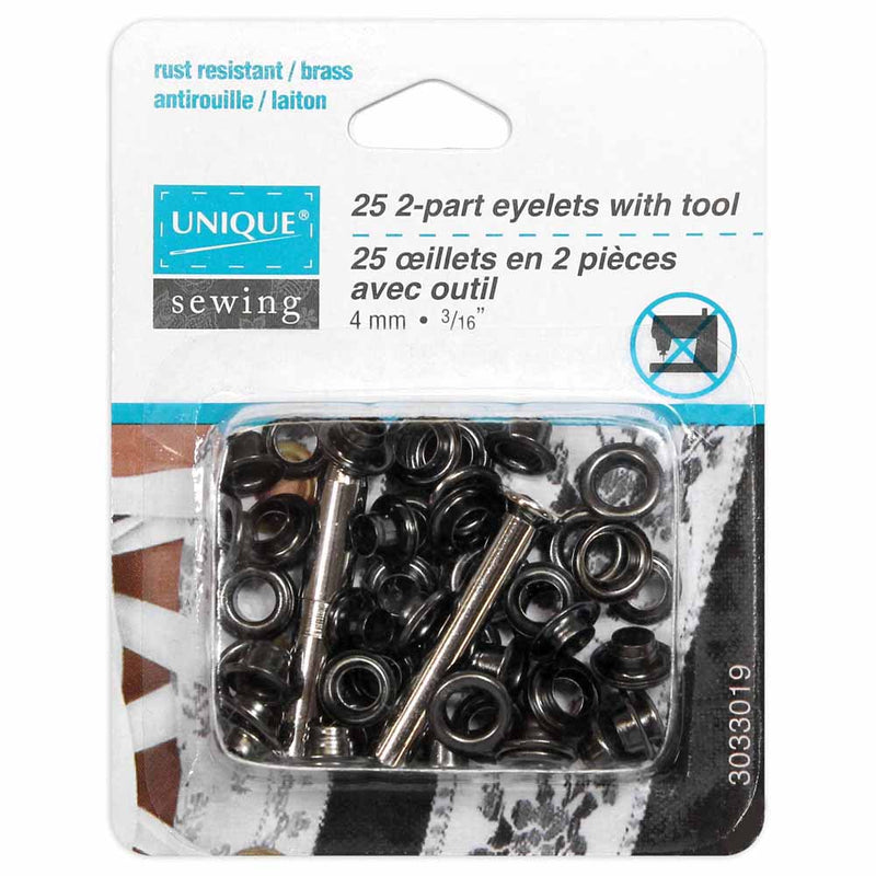UNIQUE SEWING 2-Part Eyelets with Tool - 4mm (3/16") - Gunmetal - 25pcs